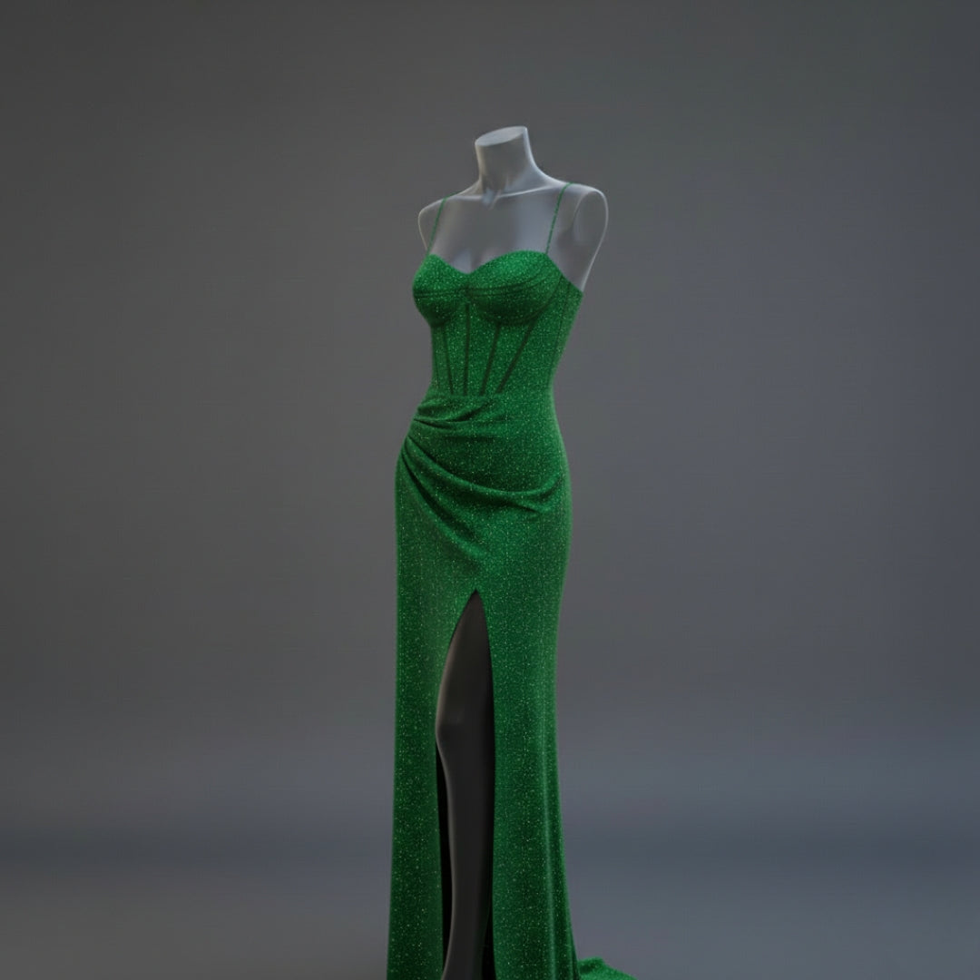 Women’s Shimmer Corset Maxi Dress with Thigh-High Slit Spaghetti Strap Elegant Formal Gown