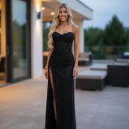 Women’s Shimmer Corset Maxi Dress with Thigh-High Slit Spaghetti Strap Elegant Formal Gown