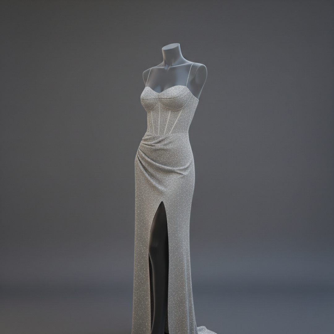 Women’s Shimmer Corset Maxi Dress with Thigh-High Slit Spaghetti Strap Elegant Formal Gown