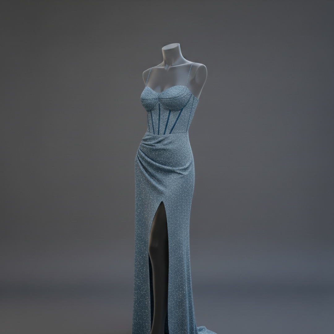 Women’s Shimmer Corset Maxi Dress with Thigh-High Slit Spaghetti Strap Elegant Formal Gown