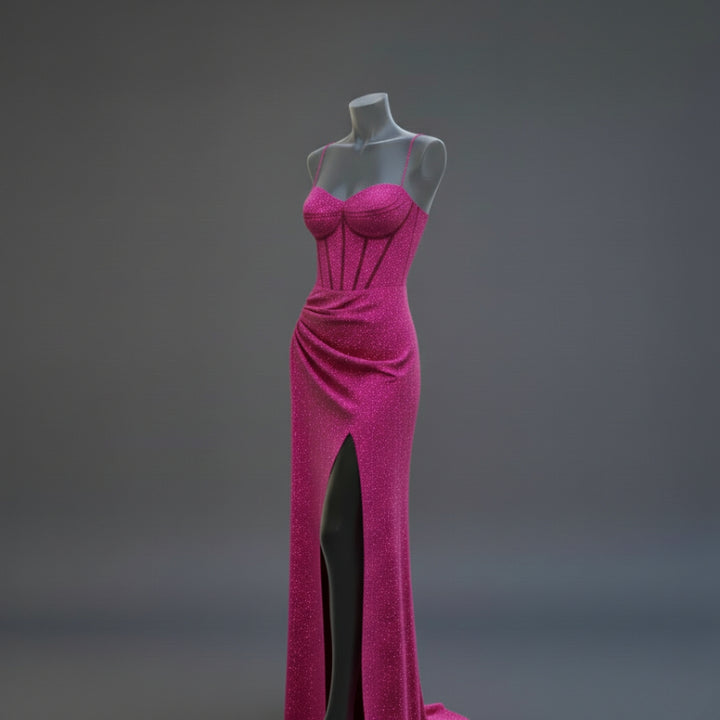 Women’s Shimmer Corset Maxi Dress with Thigh-High Slit Spaghetti Strap Elegant Formal Gown