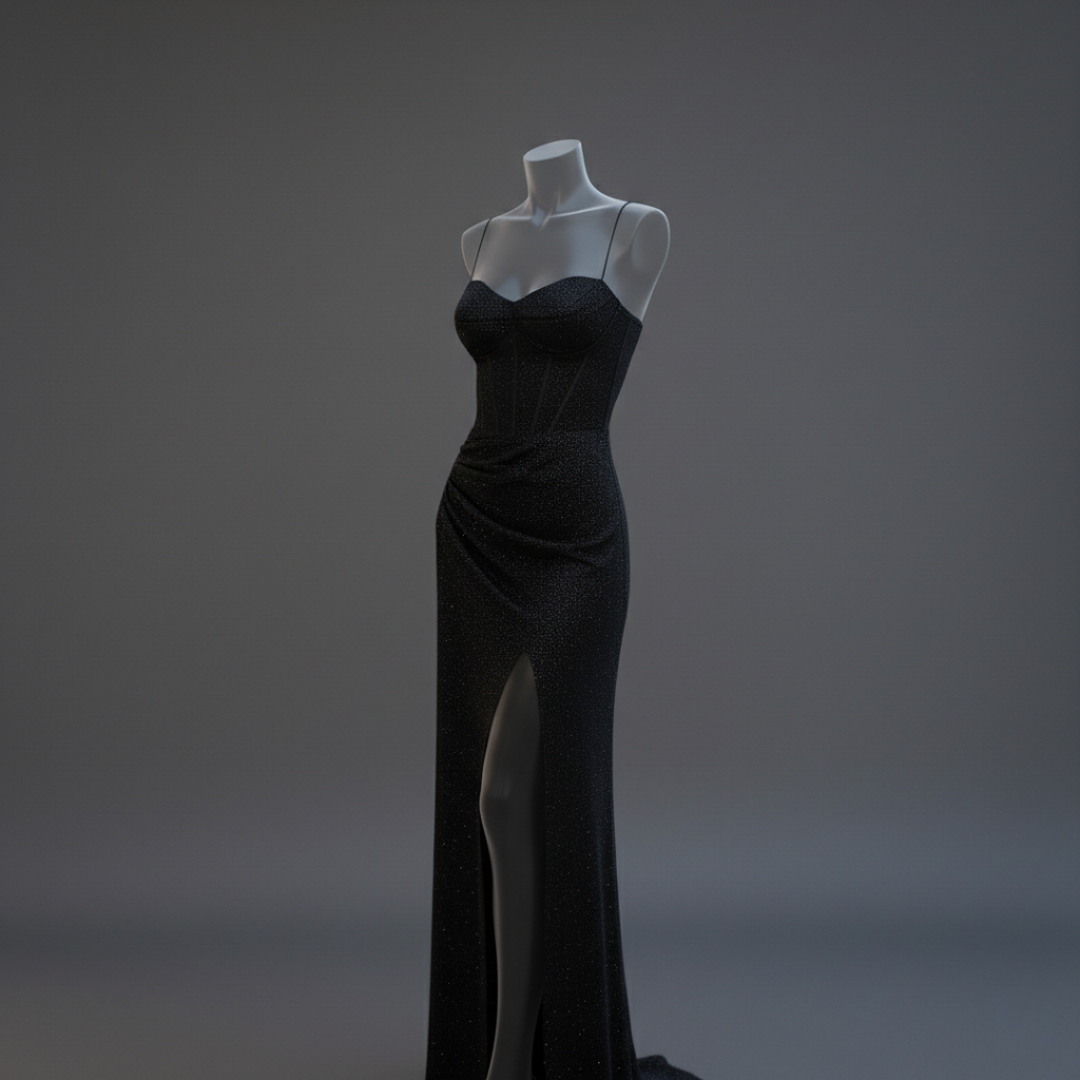 Women’s Shimmer Corset Maxi Dress with Thigh-High Slit Spaghetti Strap Elegant Formal Gown