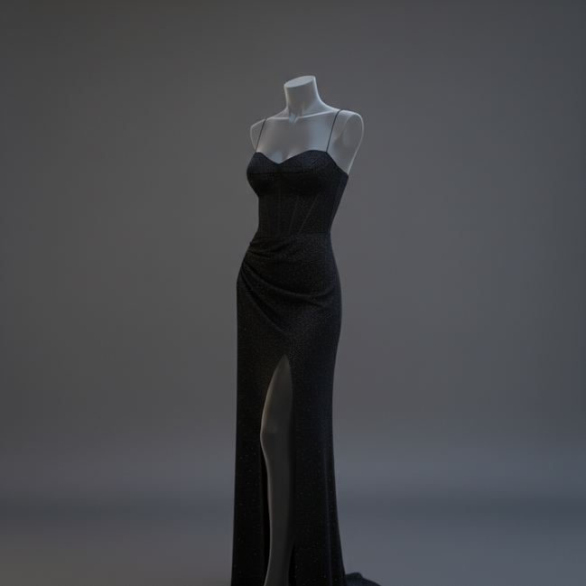 Women’s Shimmer Corset Maxi Dress with Thigh-High Slit Spaghetti Strap Elegant Formal Gown