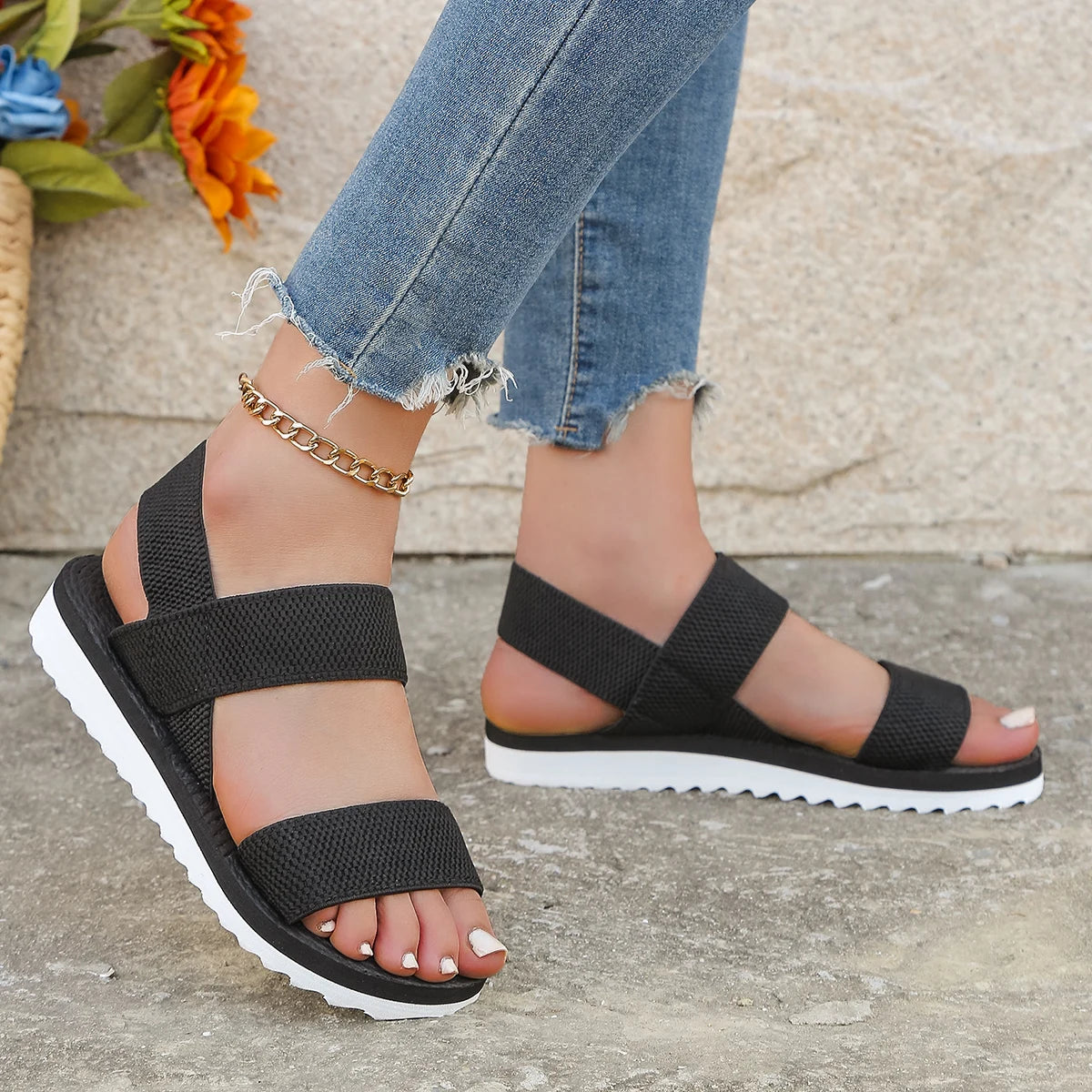 Women’s Sporty Flat Sandals – Breathable Elastic Straps Contrast White Sole