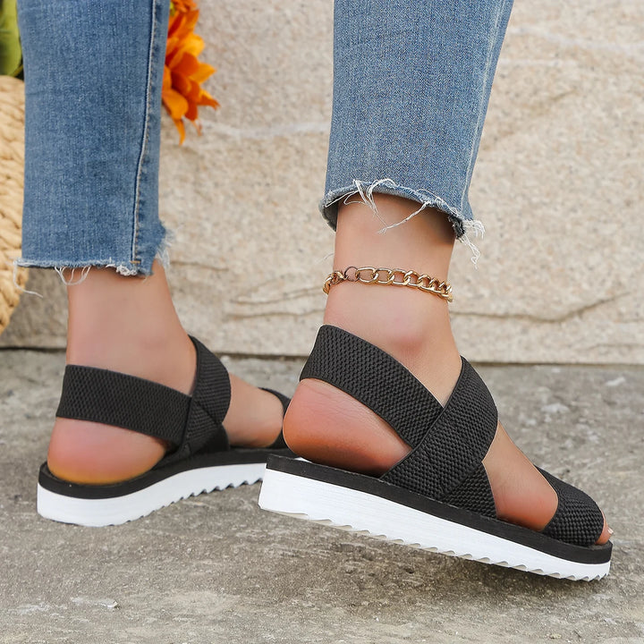 Women’s Sporty Flat Sandals – Breathable Elastic Straps Contrast White Sole