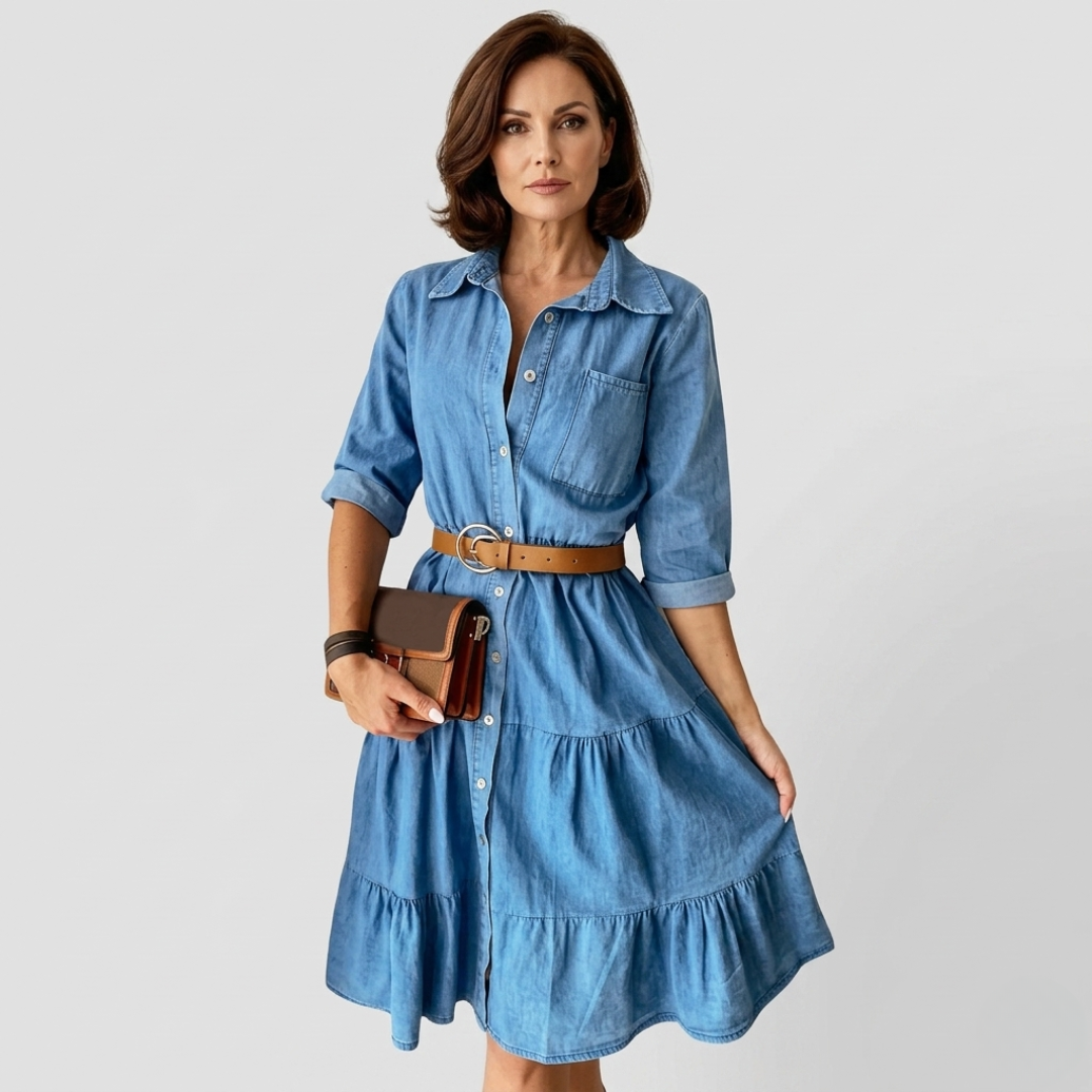 Front view of women's knee-length denim dress featuring turn-down collar and tiered skirt