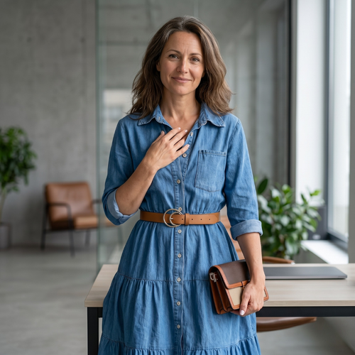 Women's Stylish Denim Dress with Three Quarter Sleeves and Belted Waist