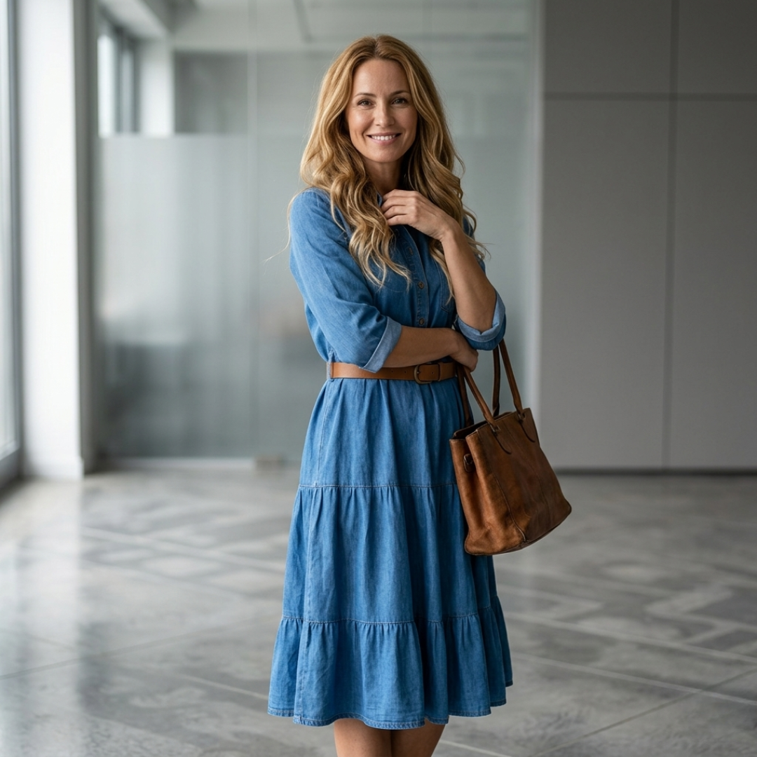 Blue denim dress with tan leather belt styled for casual autumn wear