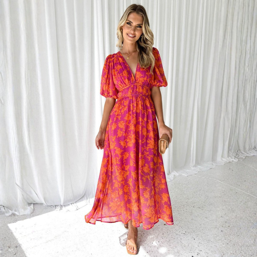 Women's Summer Floral Maxi Dress – Elegant V-Neck Design for Weddings and Parties