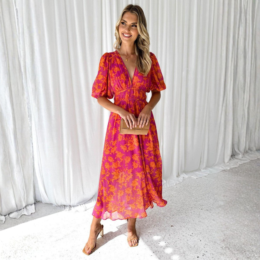 Women's Summer Floral Maxi Dress – Elegant V-Neck Design for Weddings and Parties