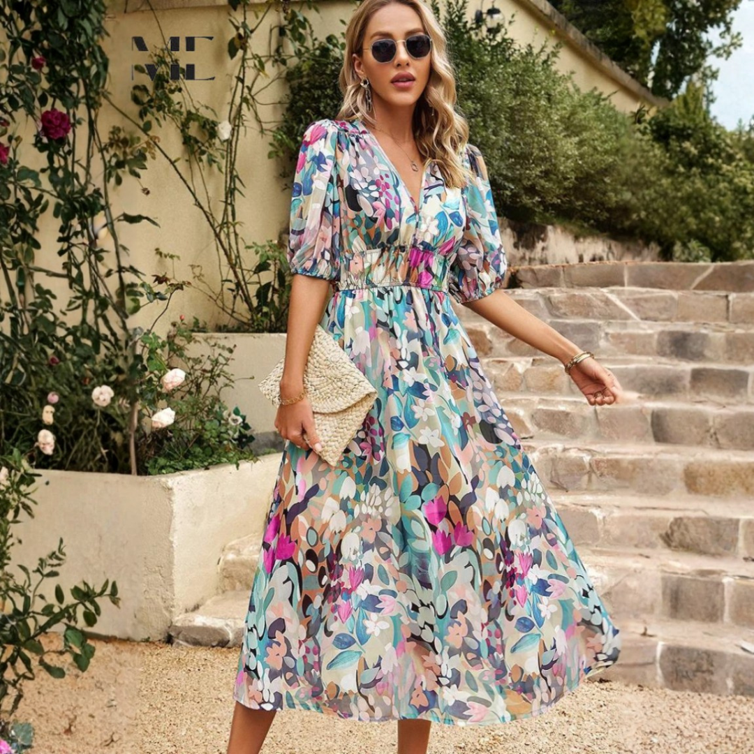 Women's Summer Floral Midi Dress – Elegant, Airy Fit for Wedding Events
