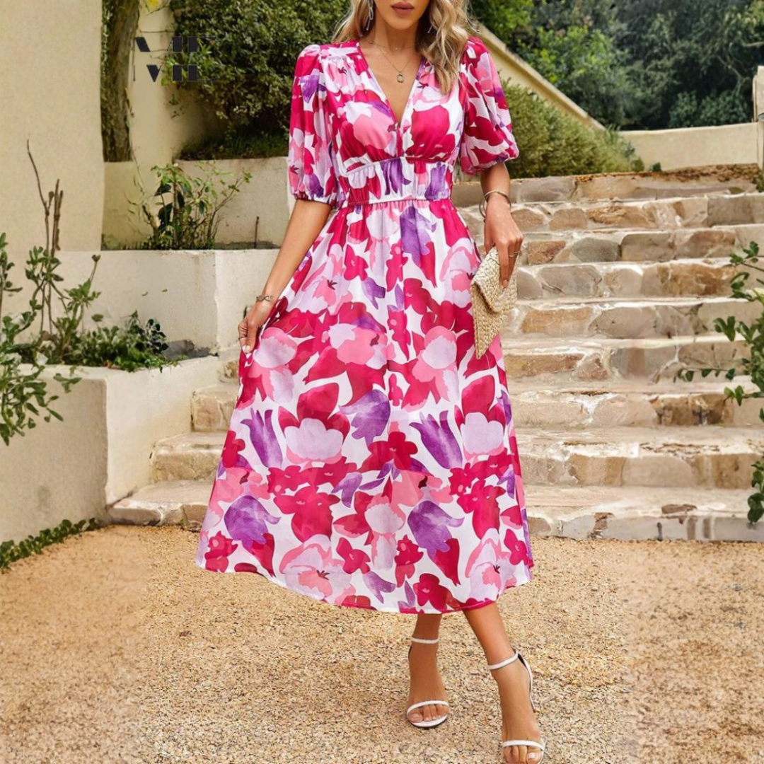Women's Summer Floral Midi Dress – Elegant, Airy Fit for Wedding Events