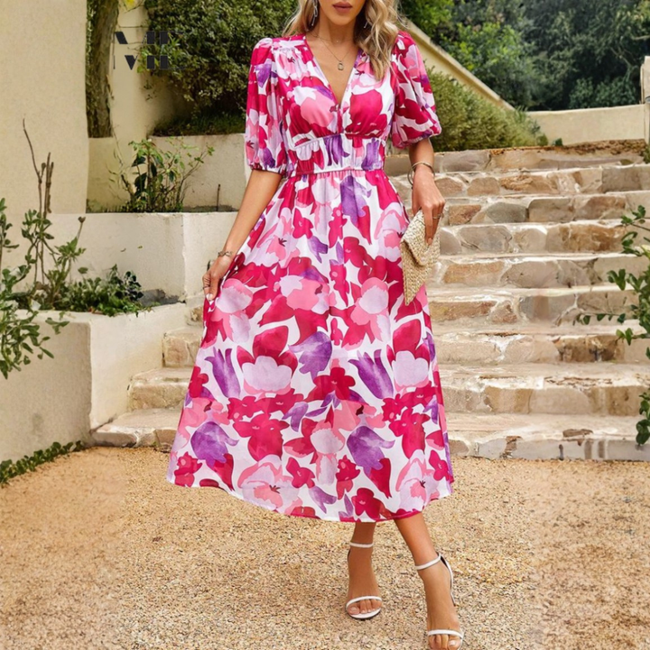 Women's Summer Floral Midi Dress – Elegant, Airy Fit for Wedding Events