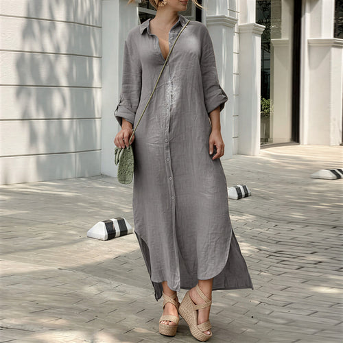 Women's Summer Maxi Dress – Stylish Button-Down V-Neck Long Sleeve Linen Fit