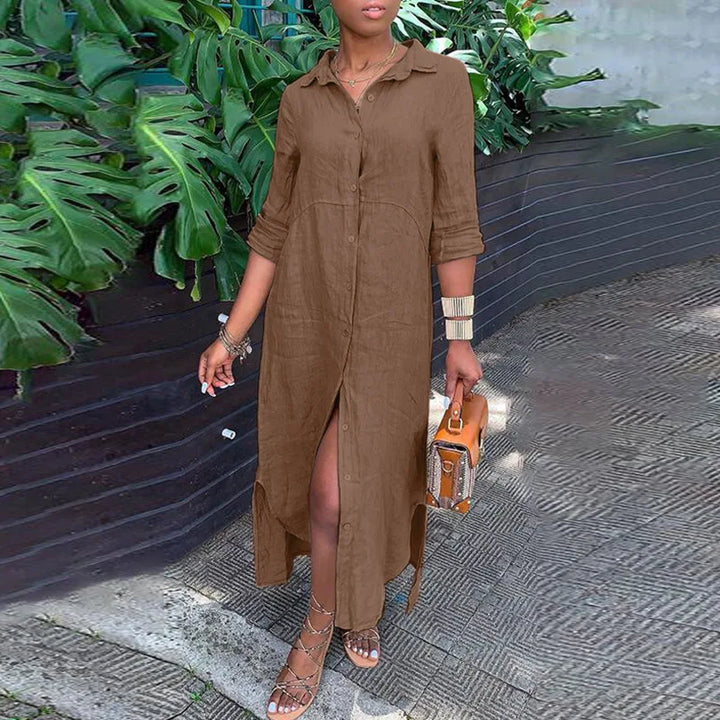 Women's Summer Maxi Dress – Stylish Button-Down V-Neck Long Sleeve Linen Fit