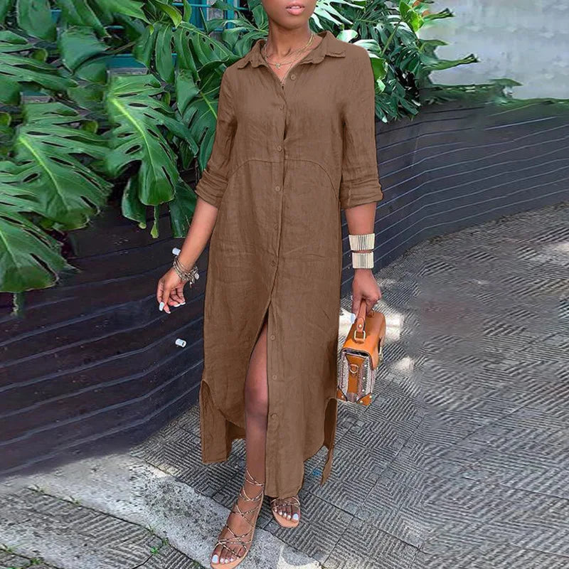 Women's Summer Maxi Dress – Stylish Button-Down V-Neck Long Sleeve Linen Fit