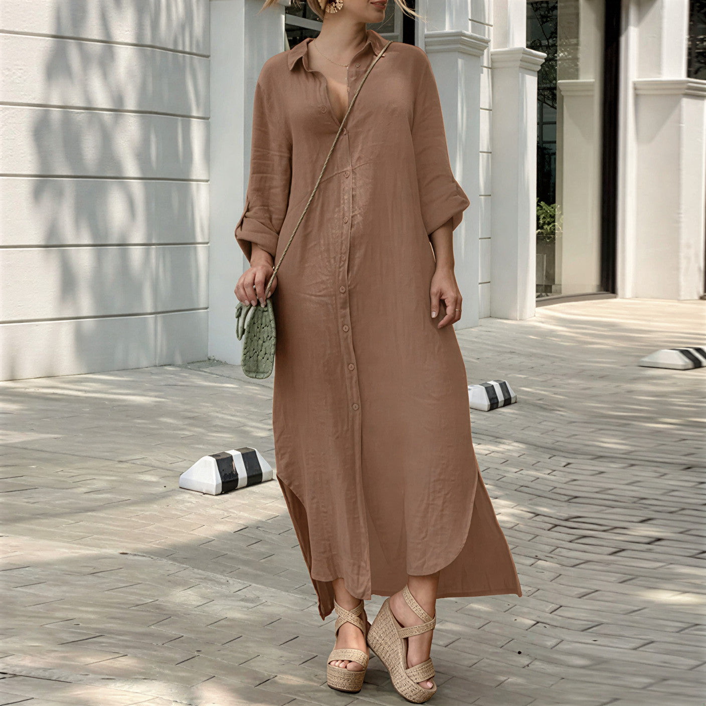 Women's Summer Maxi Dress – Stylish Button-Down V-Neck Long Sleeve Linen Fit