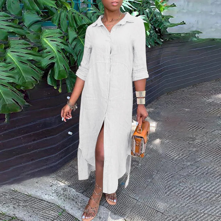 Women's Summer Maxi Dress – Stylish Button-Down V-Neck Long Sleeve Linen Fit