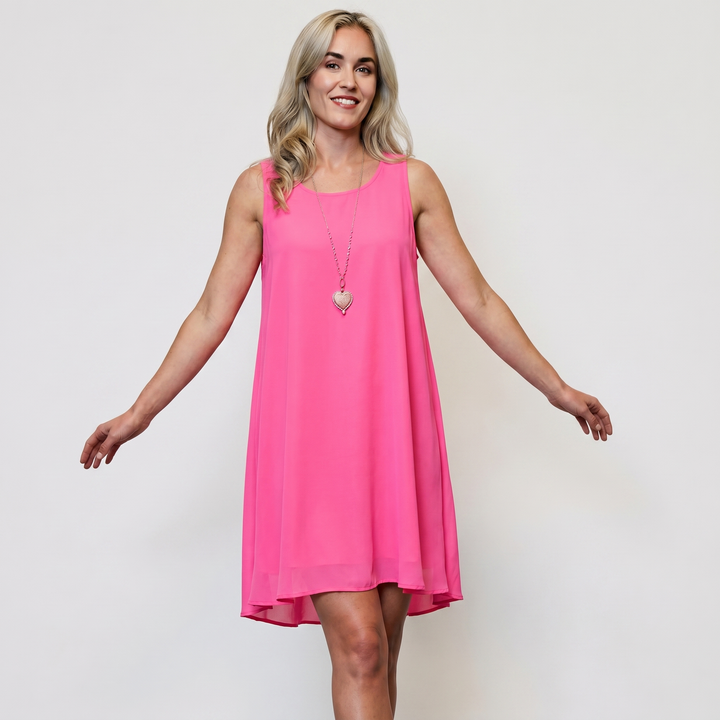 Women's fuchsia sleeveless flared mini dress in lightweight chiffon with high-low hem
