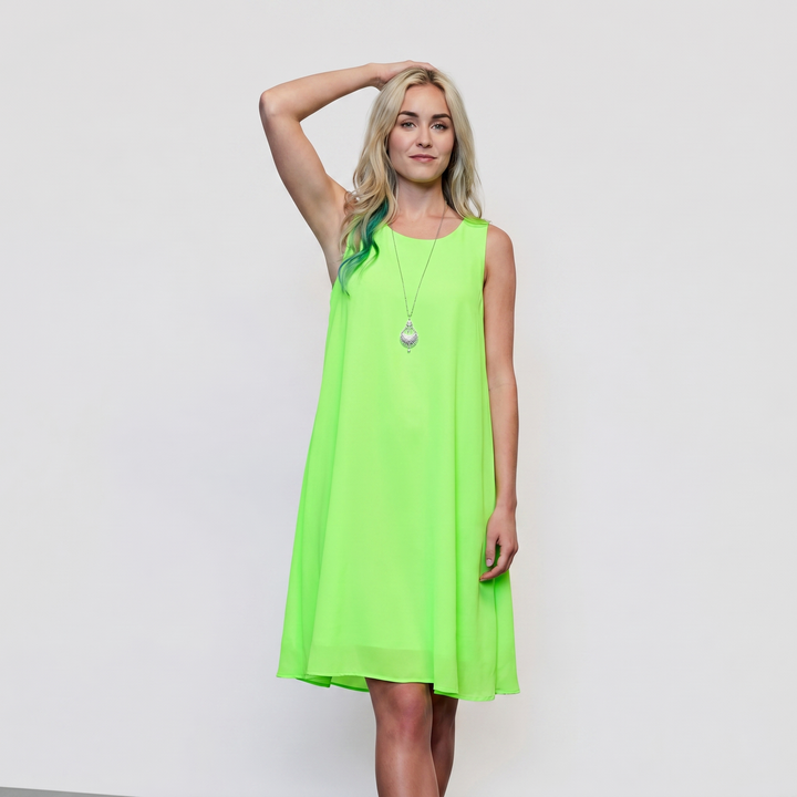 Neon green women's sleeveless A-line mini dress with airy fabric and relaxed fit
