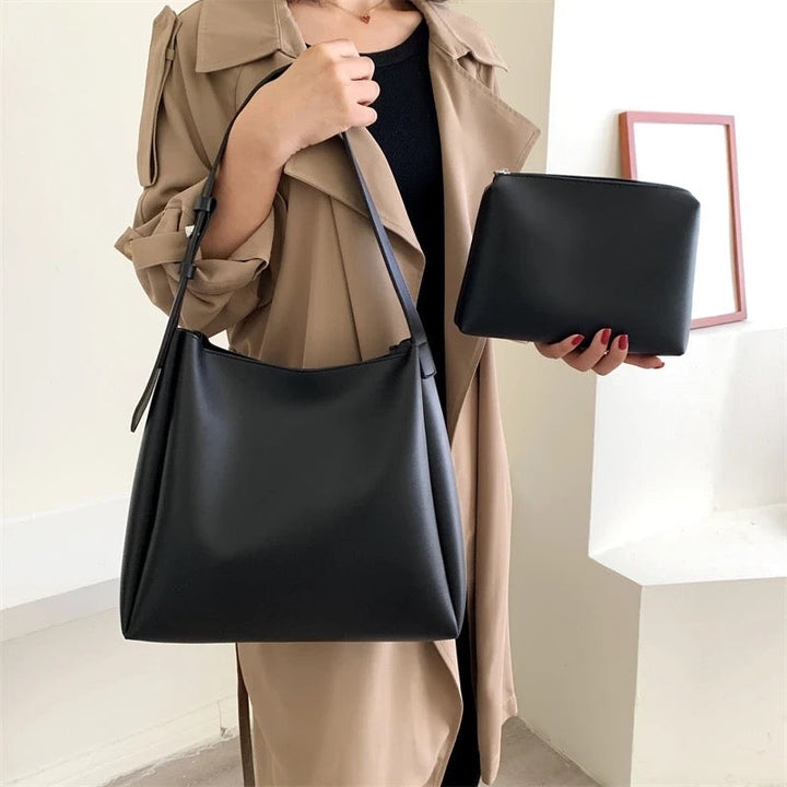 Women’s Vegan Leather Shoulder Bag with Adjustable Buckle Strap – Minimalist Everyday Tote