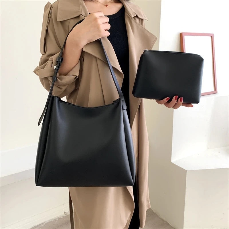 Women’s Vegan Leather Shoulder Bag with Adjustable Buckle Strap – Minimalist Everyday Tote