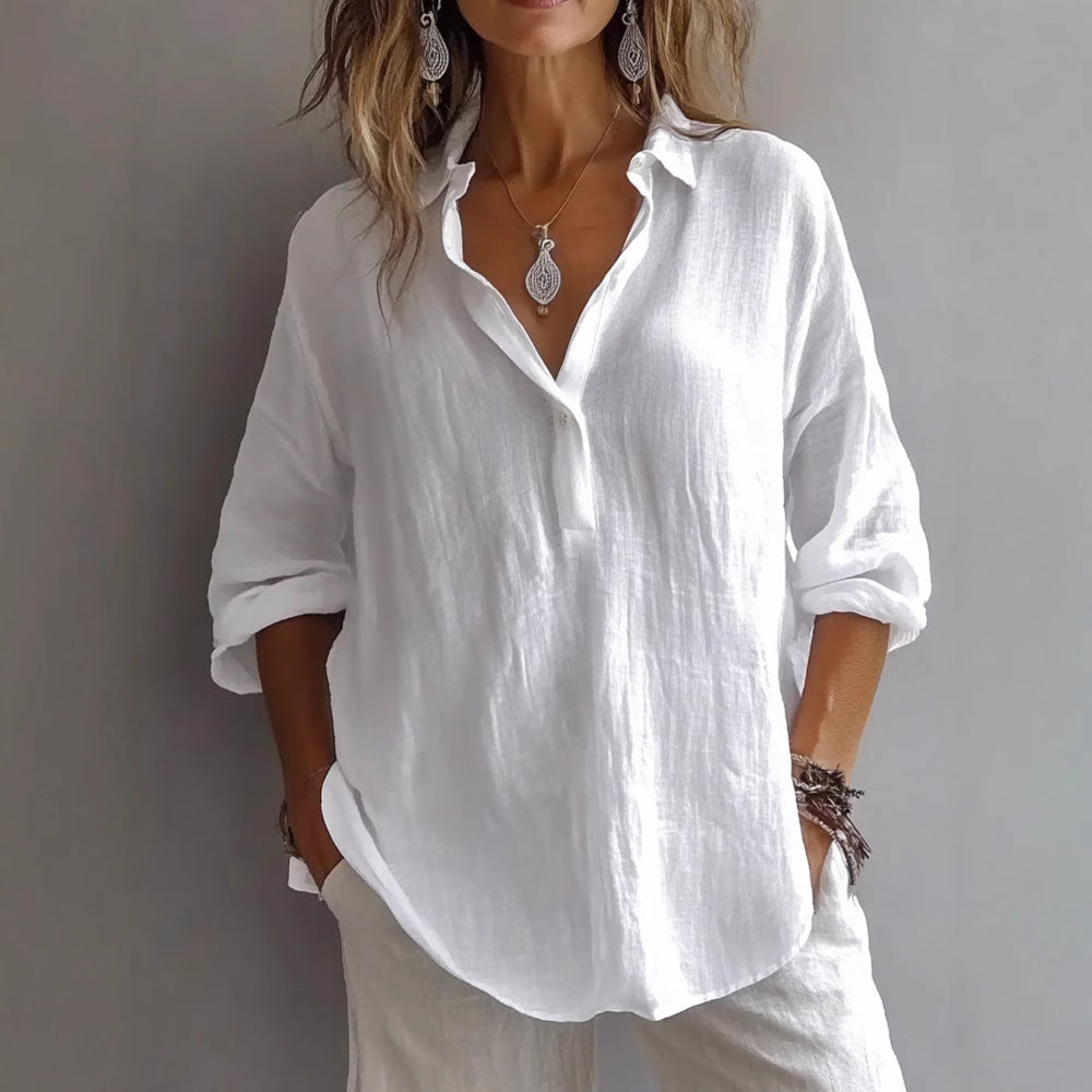 Women's Summer Casual White Blouse with Loose Sleeves and Button Placket 1