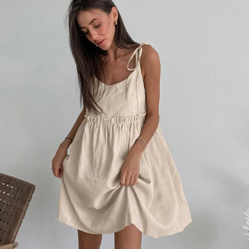 Women's Summer Linen Suspender Dress – Casual Loose Fit with Ruffled Edges 3