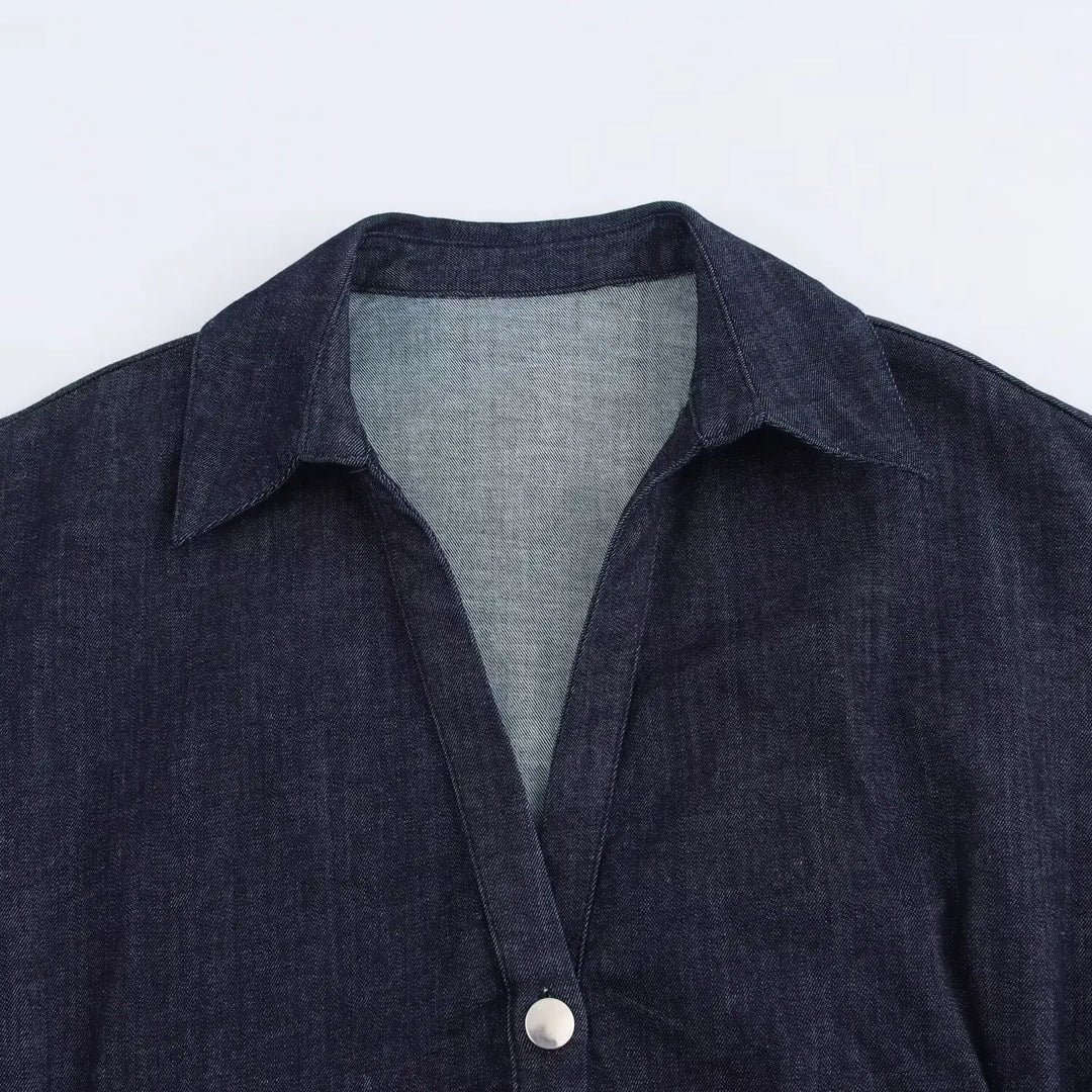 Womens Spring Denim Dress with Stylish Lapel and Side Zipper