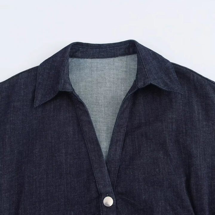 Womens Spring Denim Dress with Stylish Lapel and Side Zipper