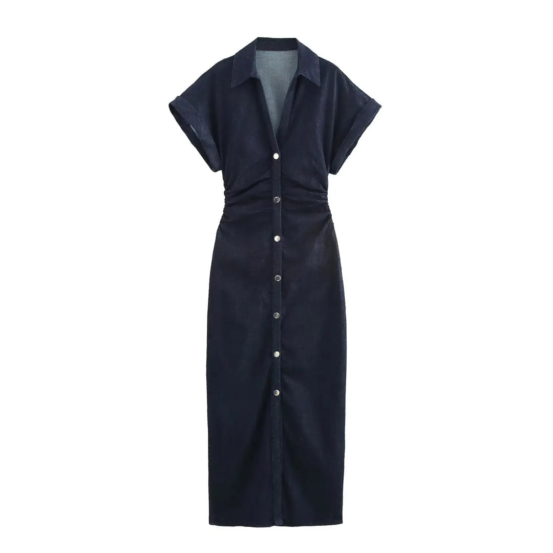 Womens Spring Denim Dress with Stylish Lapel and Side Zipper