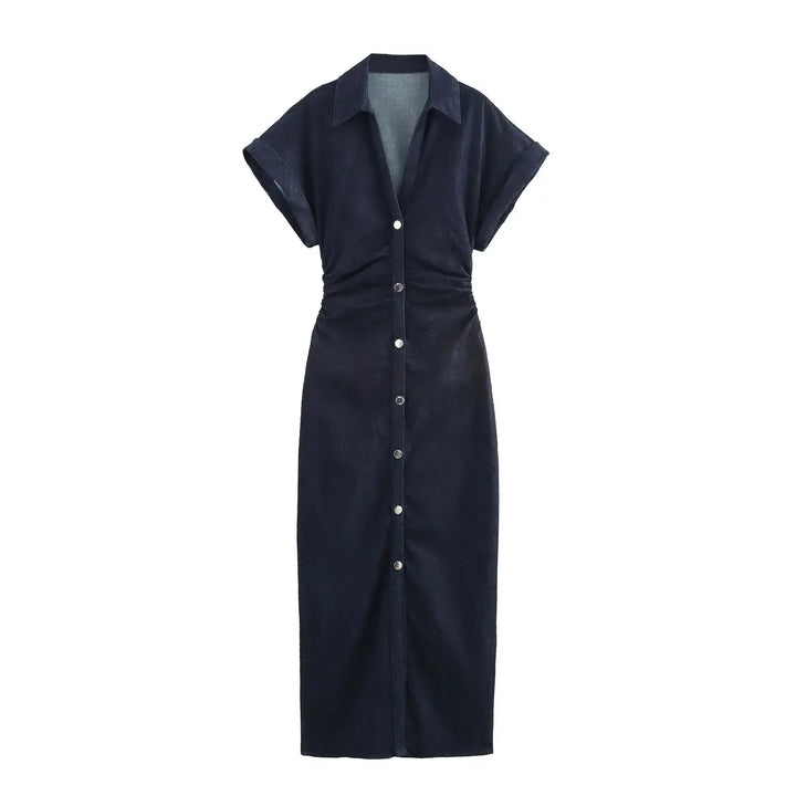Womens Spring Denim Dress with Stylish Lapel and Side Zipper