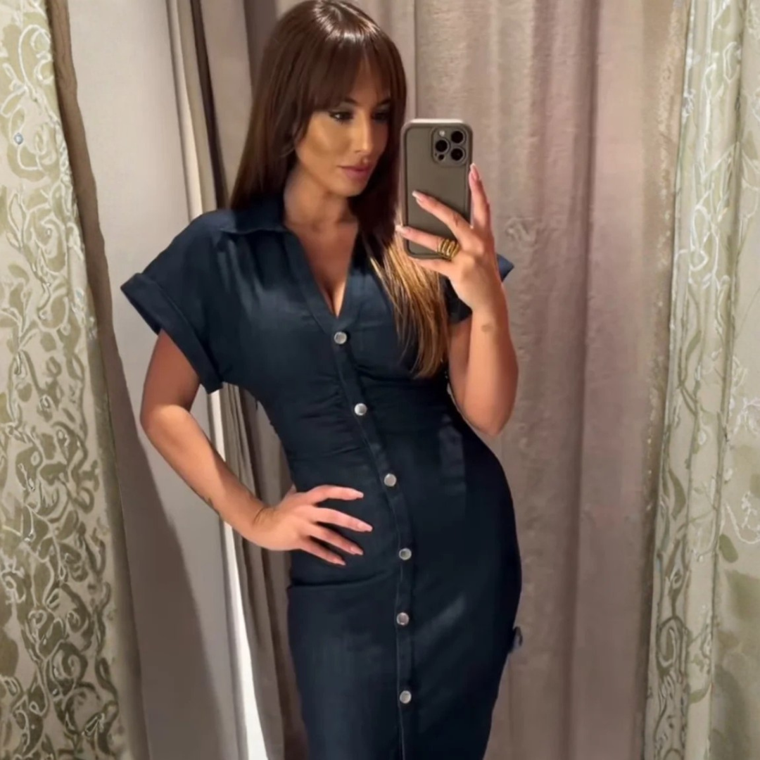 Womens Spring Denim Dress with Stylish Lapel and Side Zipper