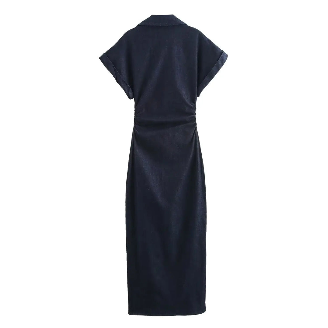 Womens Spring Denim Dress with Stylish Lapel and Side Zipper