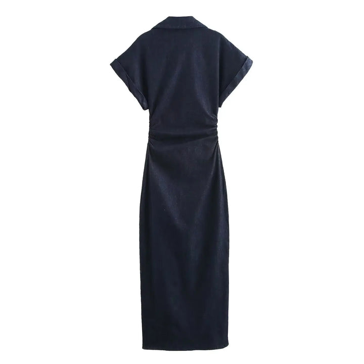 Womens Spring Denim Dress with Stylish Lapel and Side Zipper