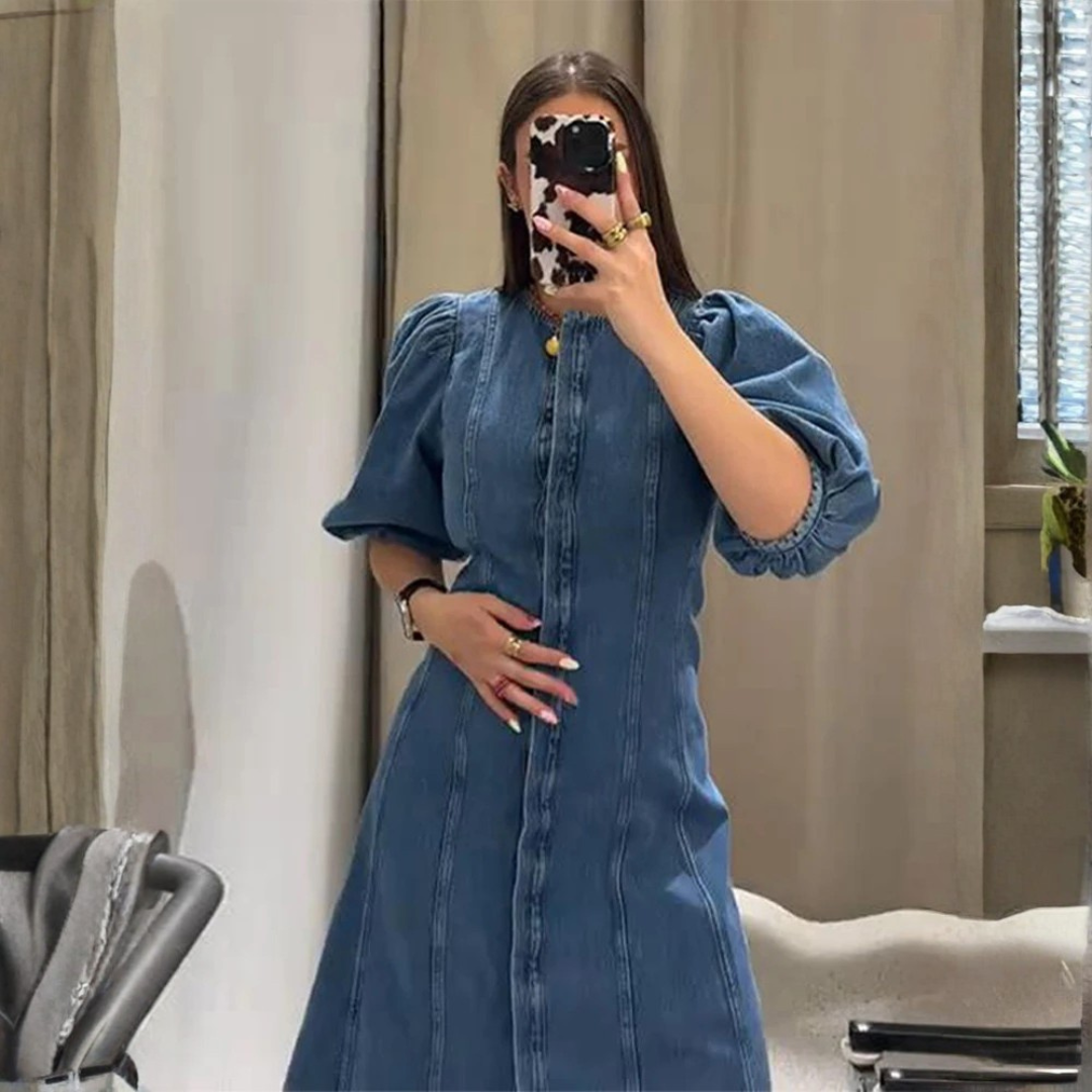 Womens Summer Denim Dress Puff Sleeve – Flattering A-line Fit with Covered Buttons