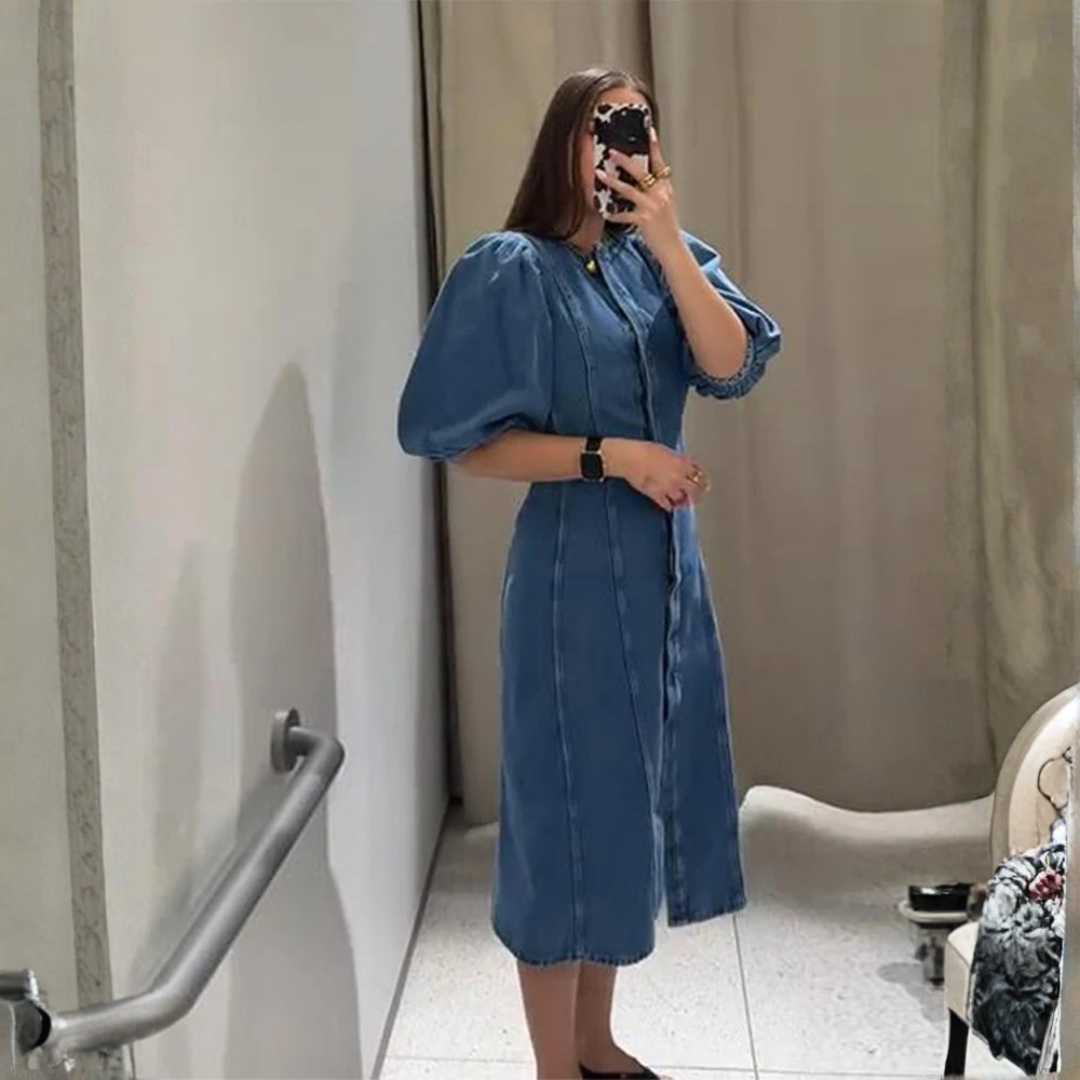 Womens Summer Denim Dress Puff Sleeve – Flattering A-line Fit with Covered Buttons