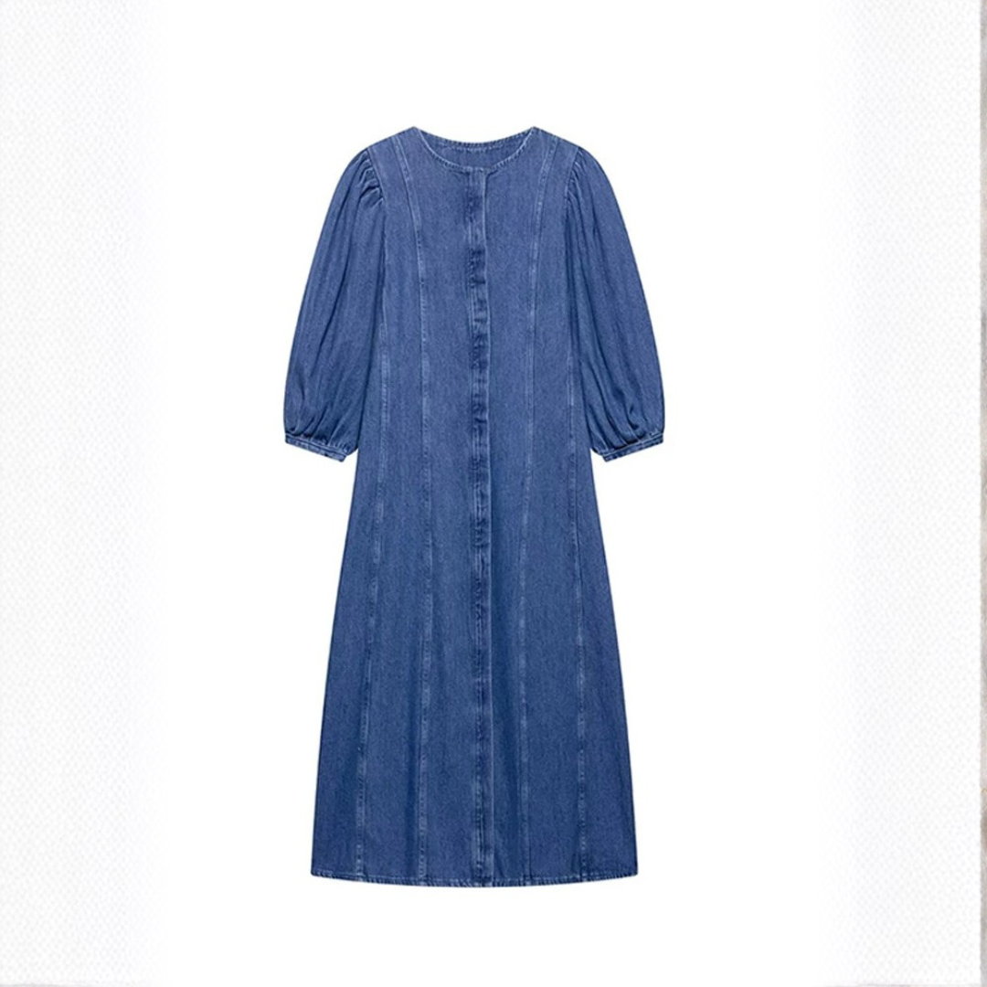Womens Summer Denim Dress Puff Sleeve – Flattering A-line Fit with Covered Buttons