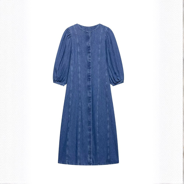 Womens Summer Denim Dress Puff Sleeve – Flattering A-line Fit with Covered Buttons