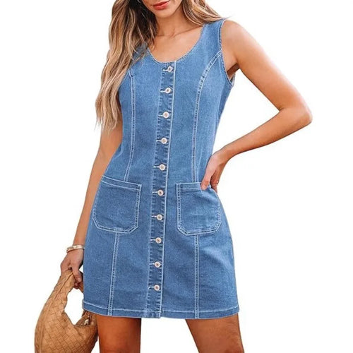 Womens Summer Denim Dress – Stylish Sleeveless Design with High Waist and Mini Skirt Length