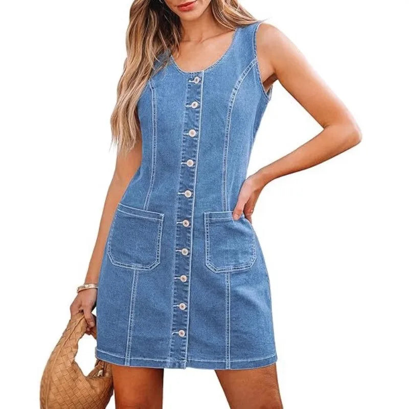 Womens Summer Denim Dress – Stylish Sleeveless Design with High Waist and Mini Skirt Length
