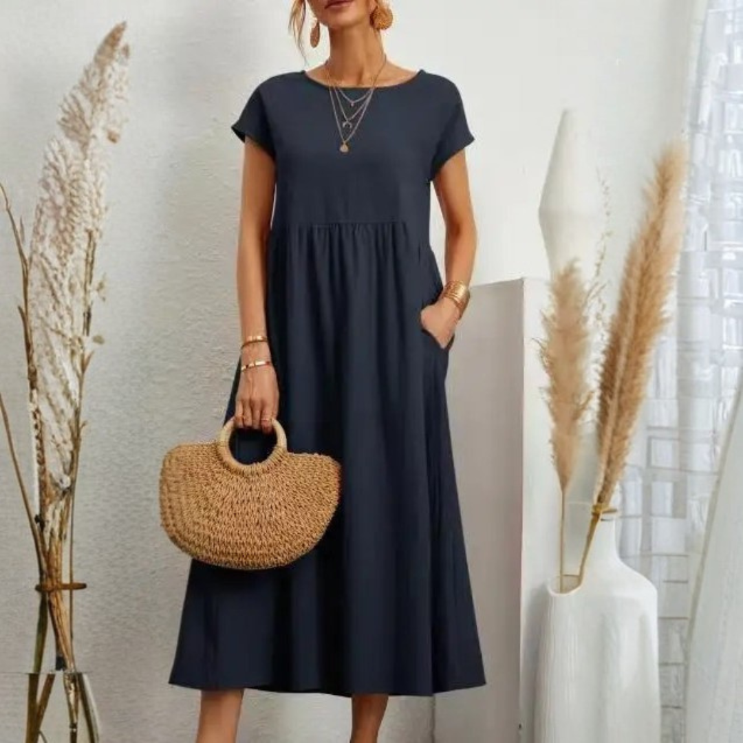 Womens Summer Vintage Dress – Elegant Loose Fit Cotton Linen Sundress