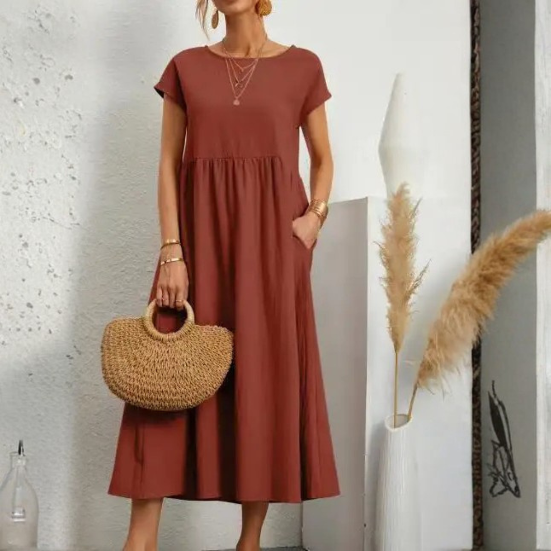 Womens Summer Vintage Dress – Elegant Loose Fit Cotton Linen Sundress