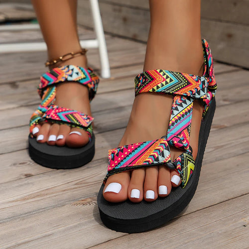 Youthful Summer Casual Flat Sandals with Rubber Sole and Vibrant Color Block Design